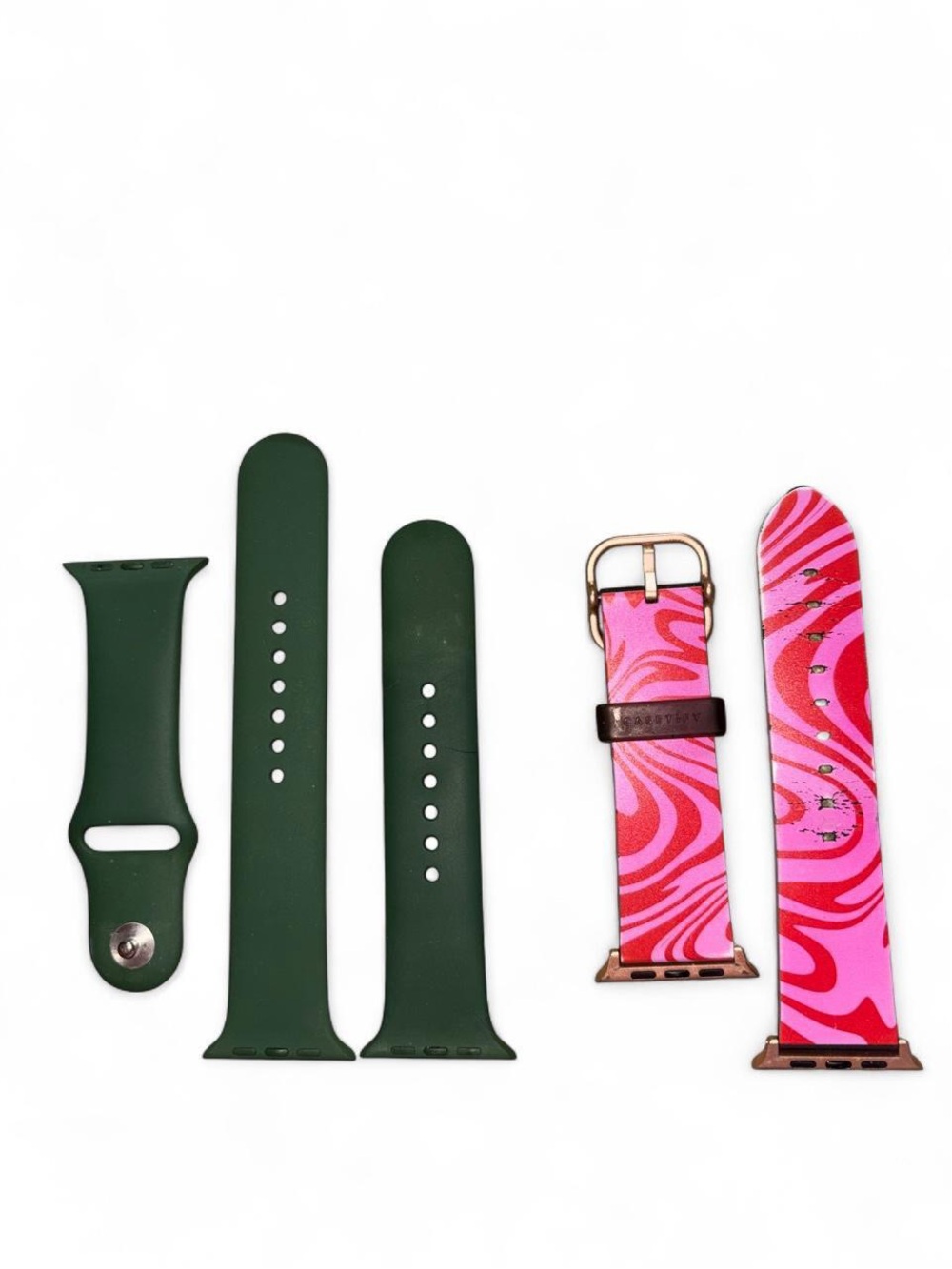 Apple Watch Compatible Green Silicone Band and Pink Swirl Leather Strap
